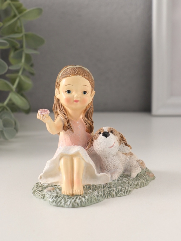 Сувенир полистоун Сувенир полистоун "Малышка в розовом платье с собачкой на лужайке" 10х6,5х8,5 см
