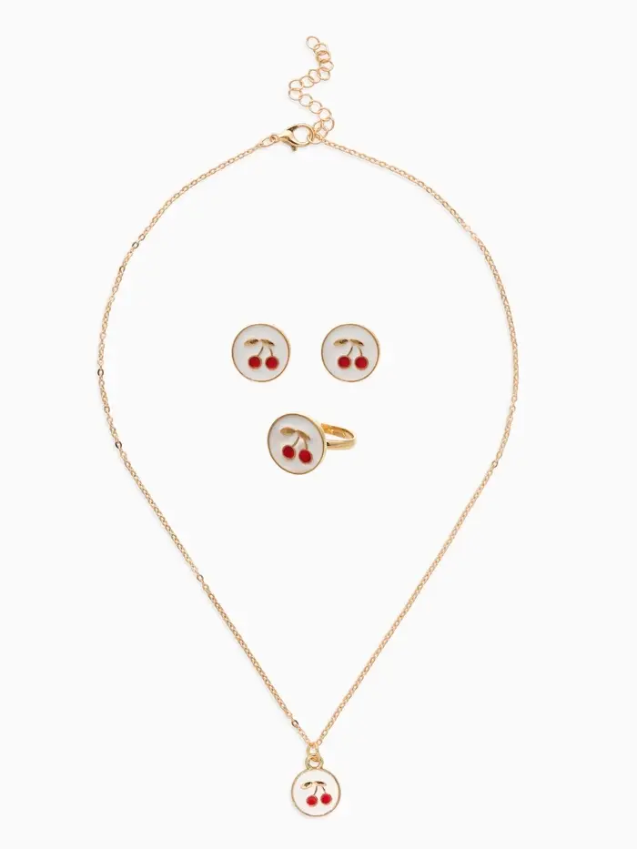 Набор детский "Выбражулька" 3 пред-а: кулон, кольцо, серьги, вишня, бело-красный в золоте