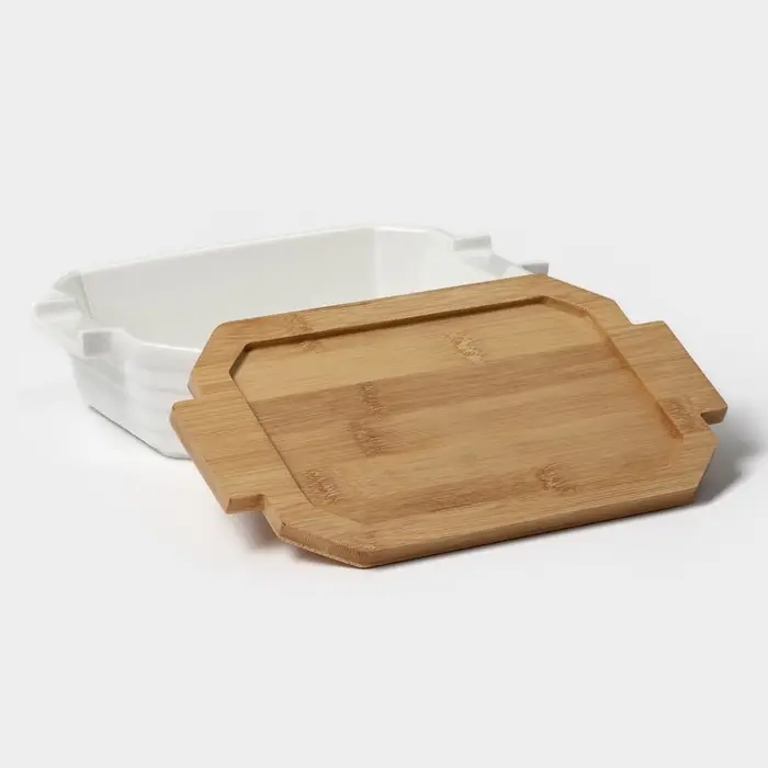 Форма для запекания BellaTenero, 1 л, 25.6&times;14.9&times;6.2 см, с бамбуковой крышкой, керамика, белая