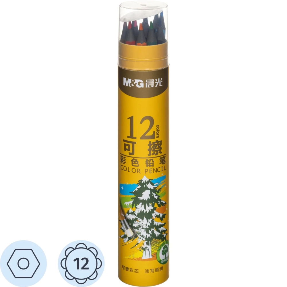 Карандаши цветные M&G, пластиковые, шестигран, стираемые, 12 цв/наб, в тубе
