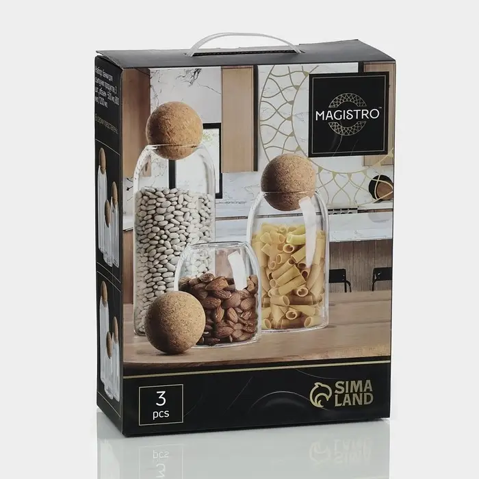 Банки для сыпучих Magistro &laquo;Эко&raquo;, 3 предмета: 450/700/1000 мл, с пробковой крышкой, стекло, прозрачные