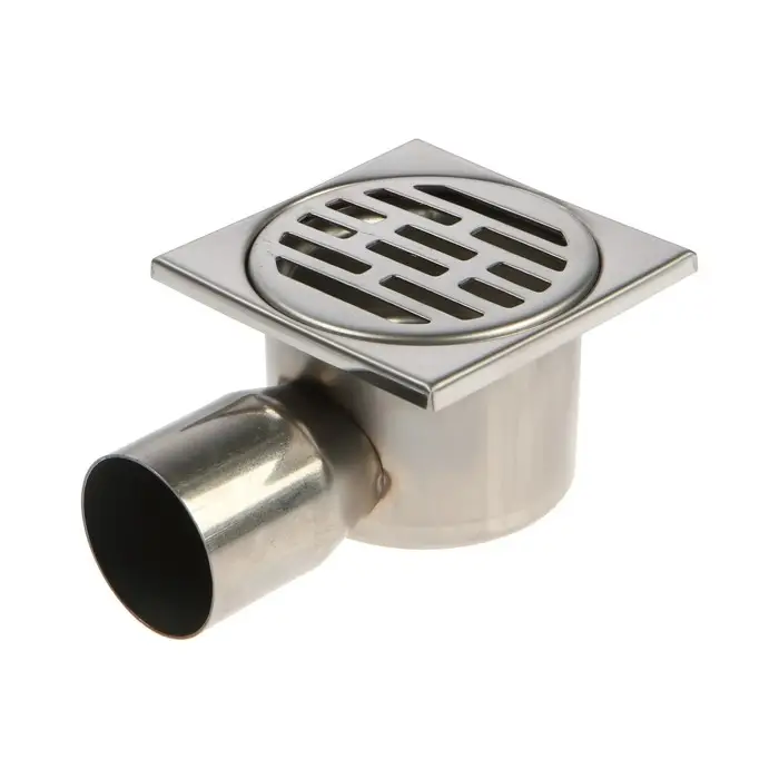 Трап ZEIN engr, 100&times;100 мм, горизонтальный, d=50 мм, угловой выпуск, нержавеющая сталь