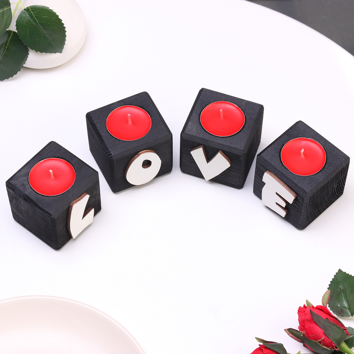 Подсвечник для интерьера 4 шт с надписью LOVE, цвет:  Подсвечник для интерьера 4 шт с надписью LOVE, цвет: "Эбен", аромат: клубника