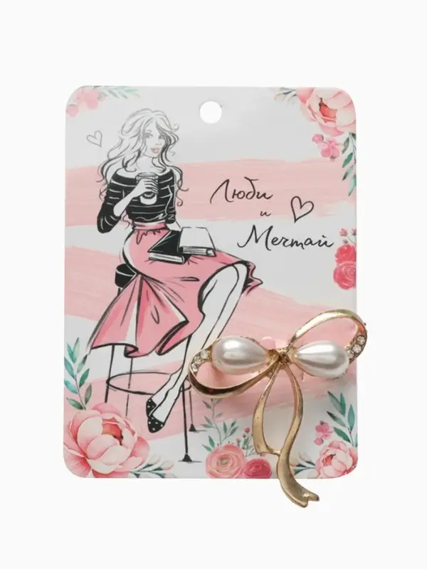 Брошь &laquo;Бантик&raquo;, с жемчужинками, белая в золоте