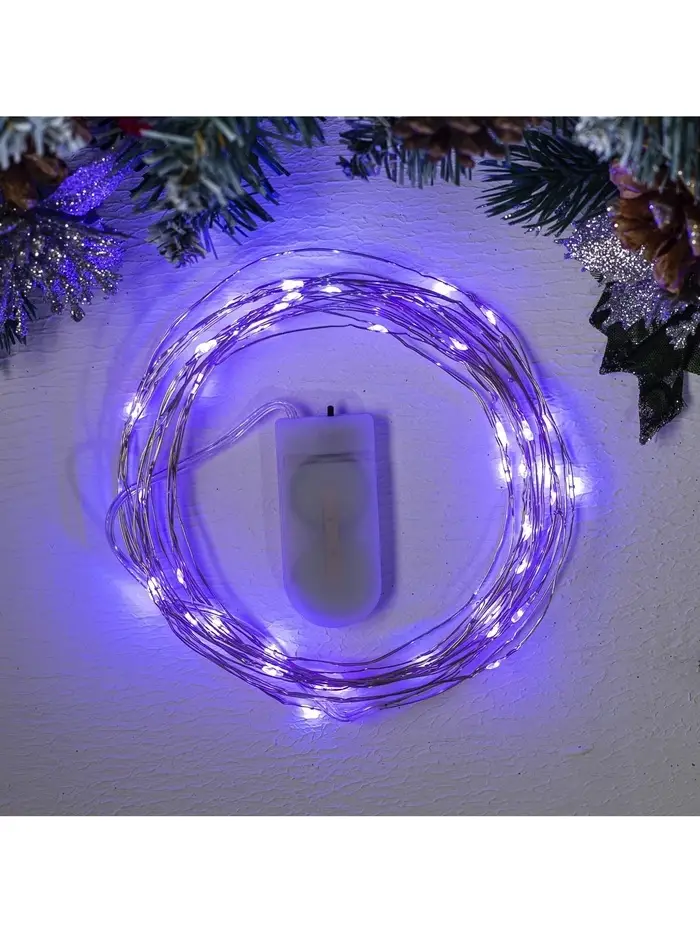 Гирлянда &laquo;Нить&raquo; 5 м роса, IP20, серебристая нить, 50 LED, батарейки CR2032&times;2 (в комплекте), свечение фиолетовое