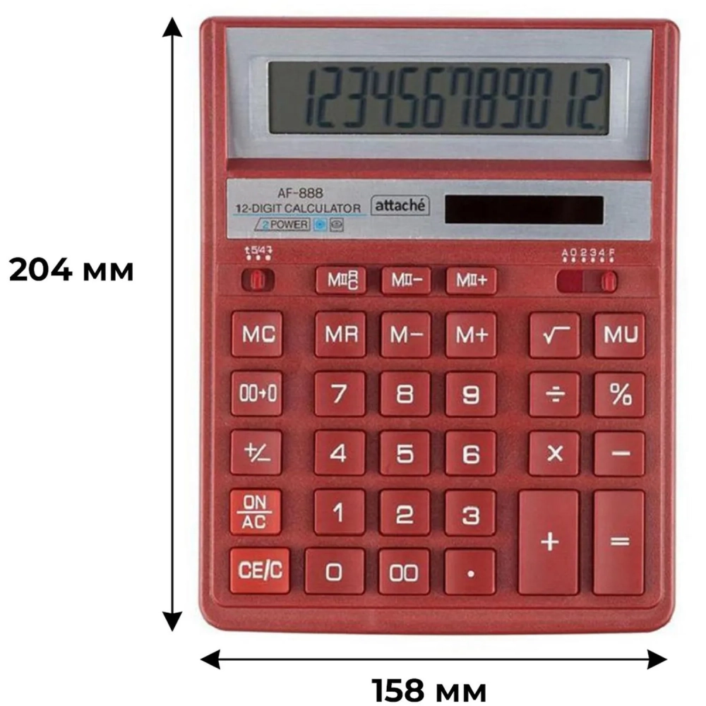 Калькулятор настольный ПОЛН.Attache AF-888,12р,дв.пит,204x158мм, темно-крас