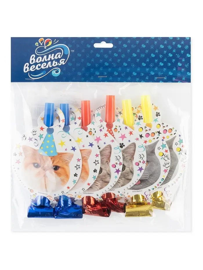 Карнавальные язычки гудки "Котики" 11 см, 6 шт. в упак.