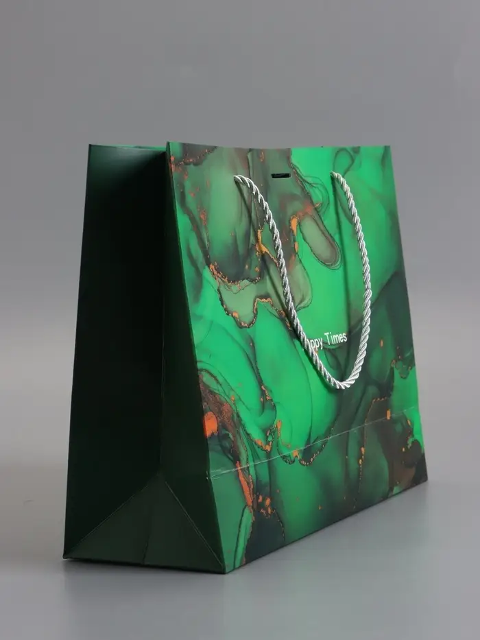 Пакет подарочный "Мрамор", зеленый с бантиком, 32 х 25 х 11 см