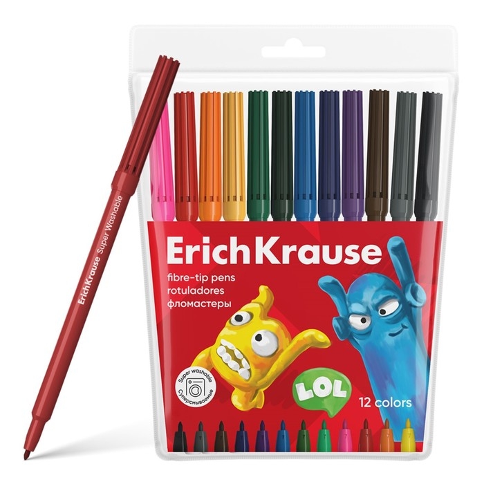 Фломастеры 12 цветов, ErichKrause, Jolly Friends Super Washable, вентелируемый колпачок, МИКС Фломастеры 12 цветов, ErichKrause, Jolly Friends Super Washable, вентелируемый колпачок, МИКС