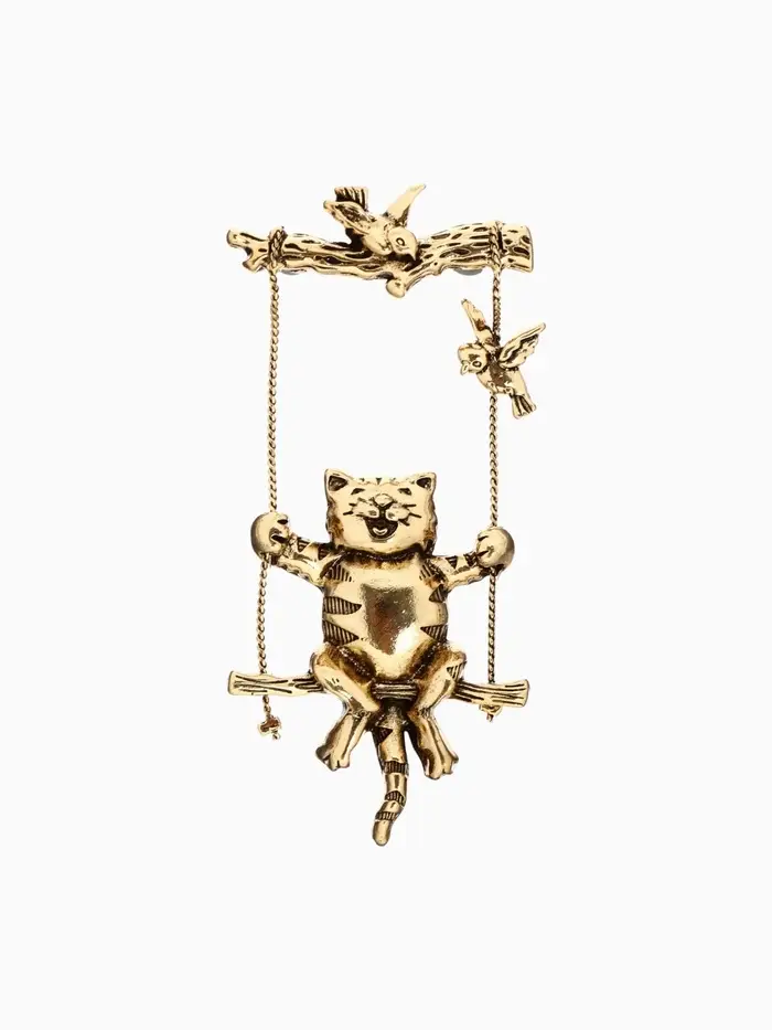 Брошь &laquo;Кот на качелях&raquo;, цвет чернёное золото