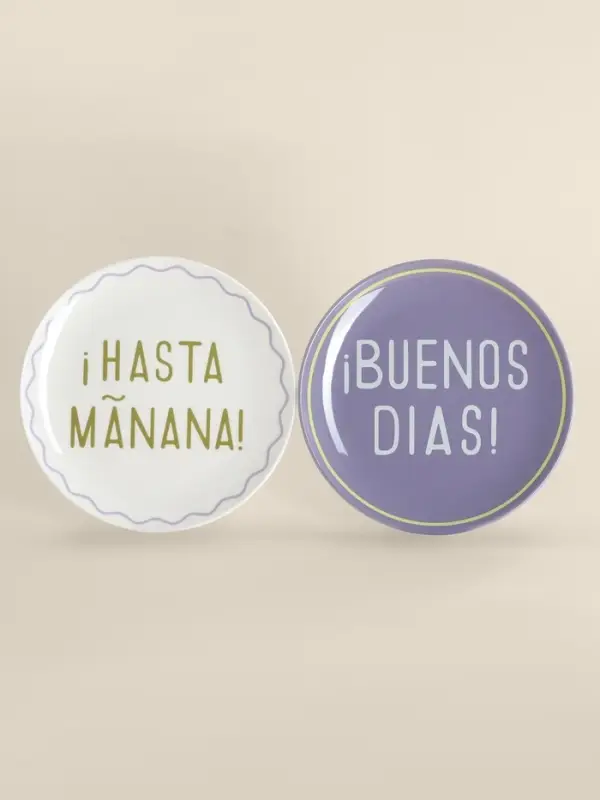 Тарелки SL Home &laquo;Уроки испанского: &iexcl;Hasta ma&ntilde;ana - Buenos dias&raquo;, d=22 см, набор 2 шт., фарфор, белые, фиолетовые