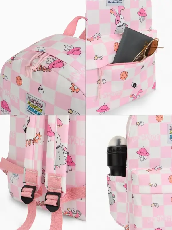 Рюкзак школьный на молнии, с карманами, в клетку, 28&times;11.5&times;40 см, розовый