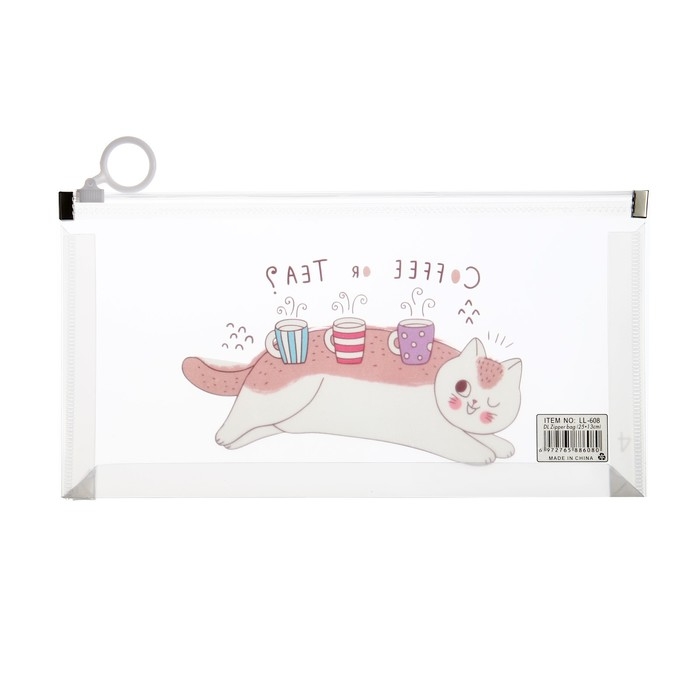 Папка-конверт на молнии формат А6, 180мкр, с рисунком Папка-конверт на молнии формат А6, 180мкр, с рисунком "Кот", МИКС