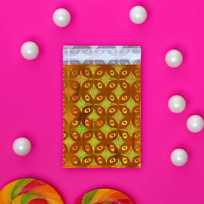 Пакет подарочный голографический с липкой лентой, Пакет подарочный голографический с липкой лентой, "Шарм" МИКС 7,5x12+2 см набор 50шт