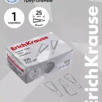 Скрепки канцелярские 25 мм, 100 штук, ErichKrause, никелированные, треугольные, картонная упаковка