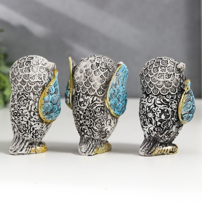 Сувенир полистоун Сувенир полистоун "Филин - не вижу, не слышу, не скажу" серо-голубой МИКС 7х4,5х3,5 см