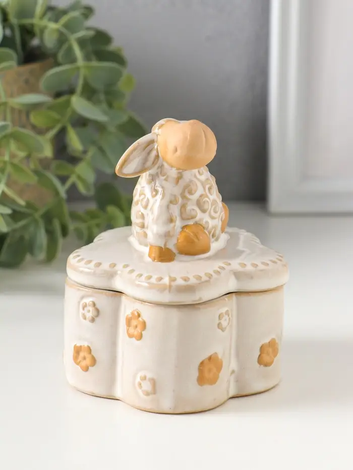 Шкатулка керамика "Кудряш бараш" беж 7,9х7,9х9,5 см