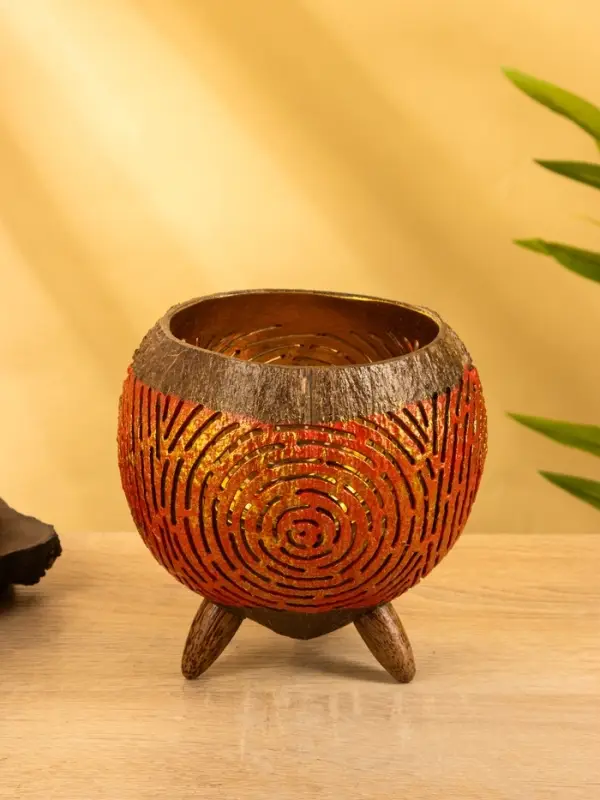 Подсвечник из кокоса, 15×15×13 см, красный