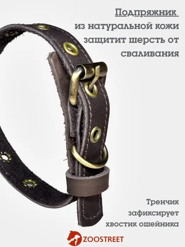Ошейник безразмерный, 40&times;2 см, с подпряжником, кожа, коричневый