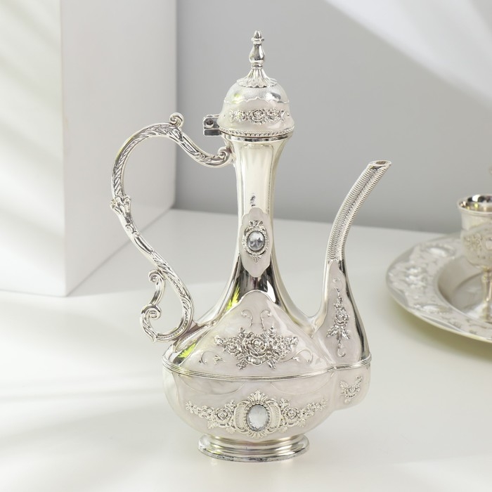 Набор винный кувшин, 6 бокалов и поднос  Набор винный кувшин, 6 бокалов и поднос "Стамбул. Медальон и розы" белый перламутр серебро