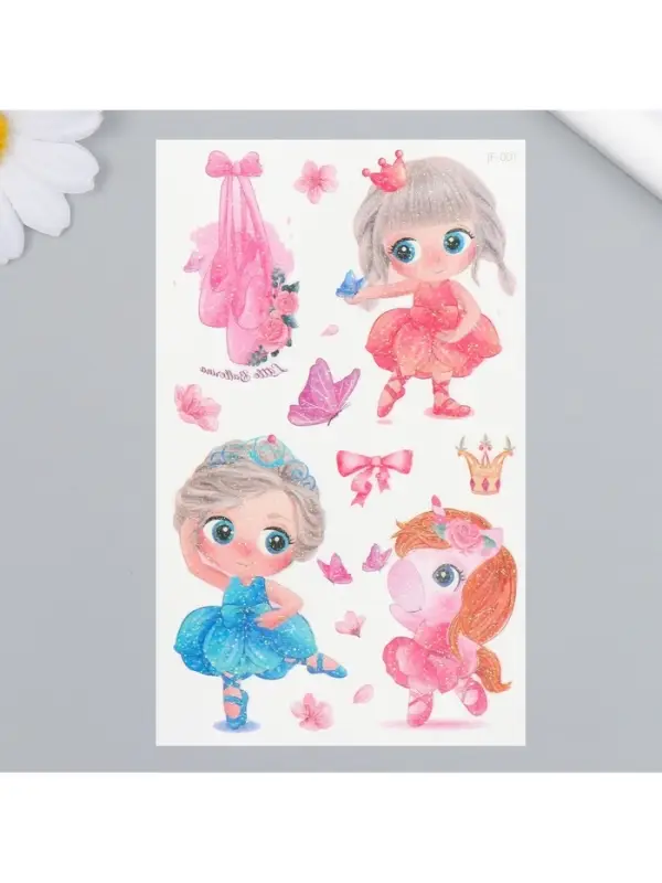 Переводные тату на тело цветные «Балерина и единорог», блёстки, 12×7.5 см