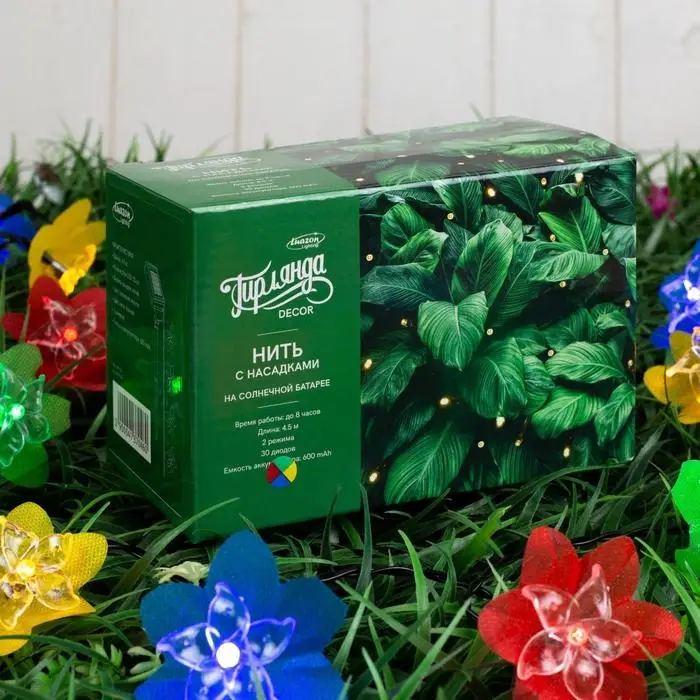 Гирлянда &laquo;Нить&raquo;, 4.5 м, уличная, с насадками &laquo;Лилия&raquo;, IP44, 30 LED, 2 режима, солнечная батарея, тёмная нить, свечение белое