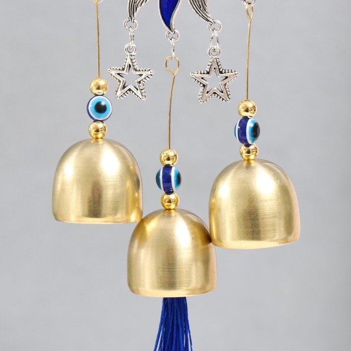 Музыка ветра металл Музыка ветра металл "Звезда, два месяца и солнце" синий, от сглаза 3 колокольчика 27 см