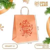 Пакет бумажный подарочный новогодний крафт, «Новый год и веточка!», красный 24×14×28 см