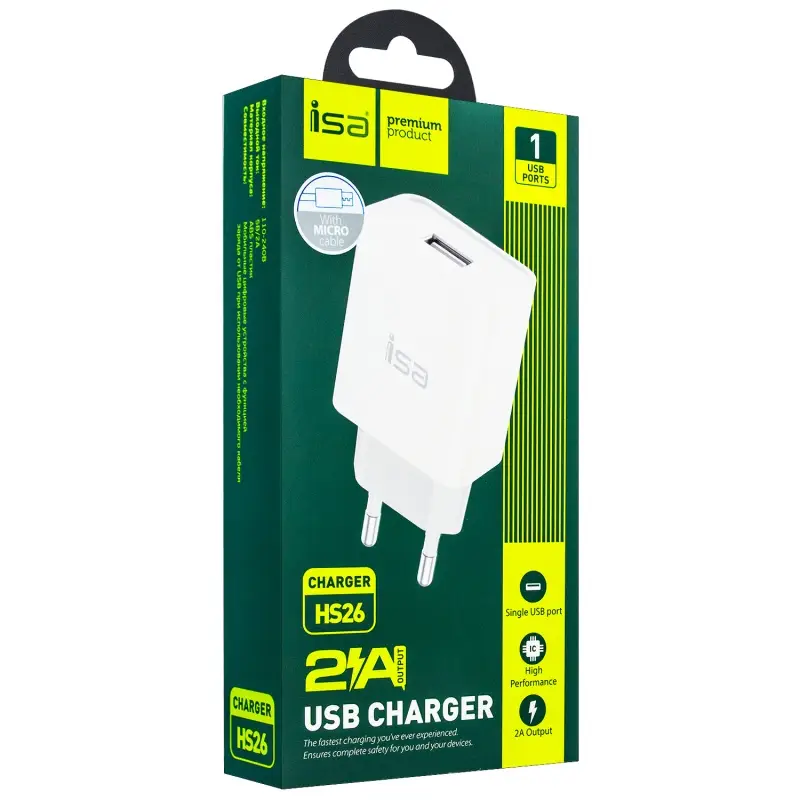 Сетевое зарядное устройство с кабелем USB на MicroUSB + 2.4A HS26 ISA белое