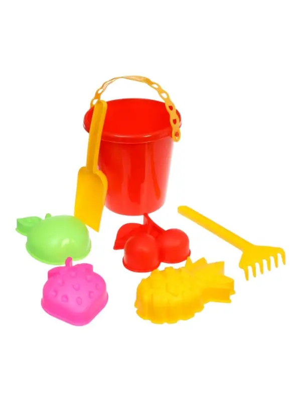 Набор для игры в песке (Ведро 1л, 4 формочки фрукты-ягоды, грабельки и лопатка)