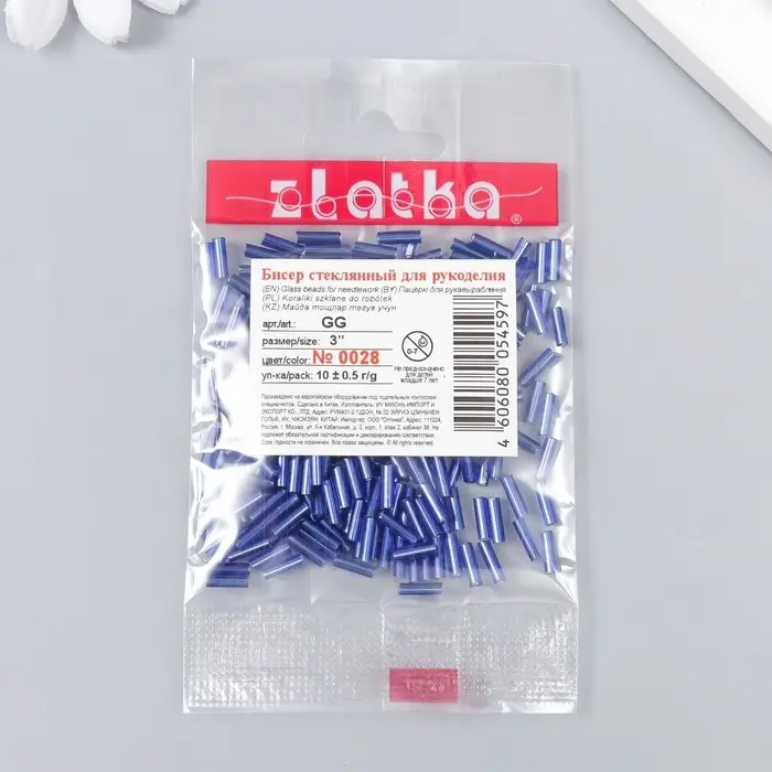 Бисер  Бисер "Zlatka" стеклярус 10 г, размер 3", 6 мм, №0028 т.синий 93"78550