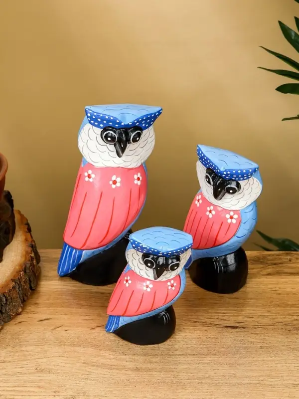 Набор сувенирный «Совы», h=18 см, h=14 см, h=11 см, дерево, розово-синий