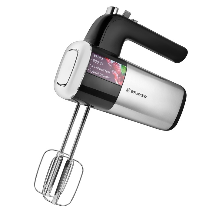 Миксер BRAYER 1302BR, ручной, 800 Вт, 5 скоростей, 2 насадки, чёрно-серый Миксер BRAYER 1302BR, ручной, 800 Вт, 5 скоростей, 2 насадки, чёрно-серый