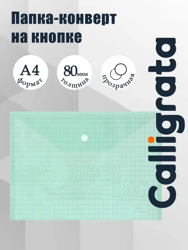 Папка-конверт на кнопке, А4, 80 мкм, &laquo;Клетка&raquo;, тонированная, зелёная