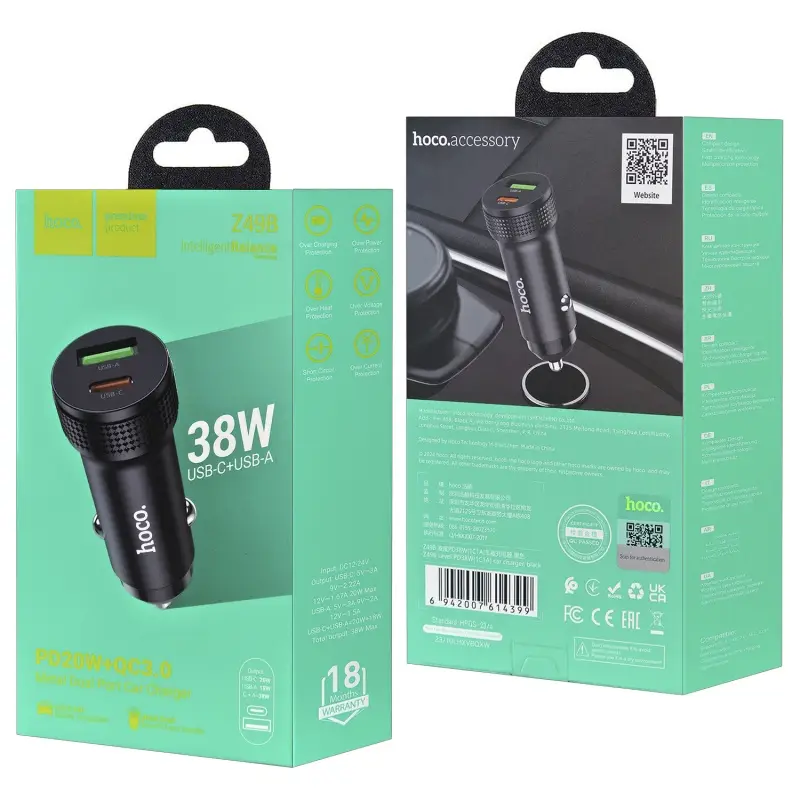 Переходник автомобильного зарядного устройства на Type-C 38W + USB QC3.0 Z49B HOCO черный