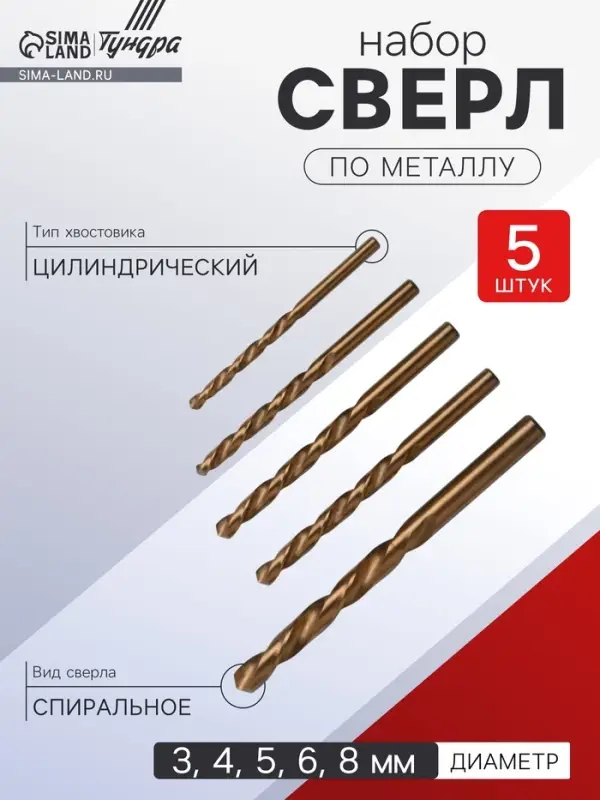 Набор сверл по металлу ТУНДРА, HSS, TiN, цилиндрический хвостовик, 3-4-5-6-8 мм, 5 шт.