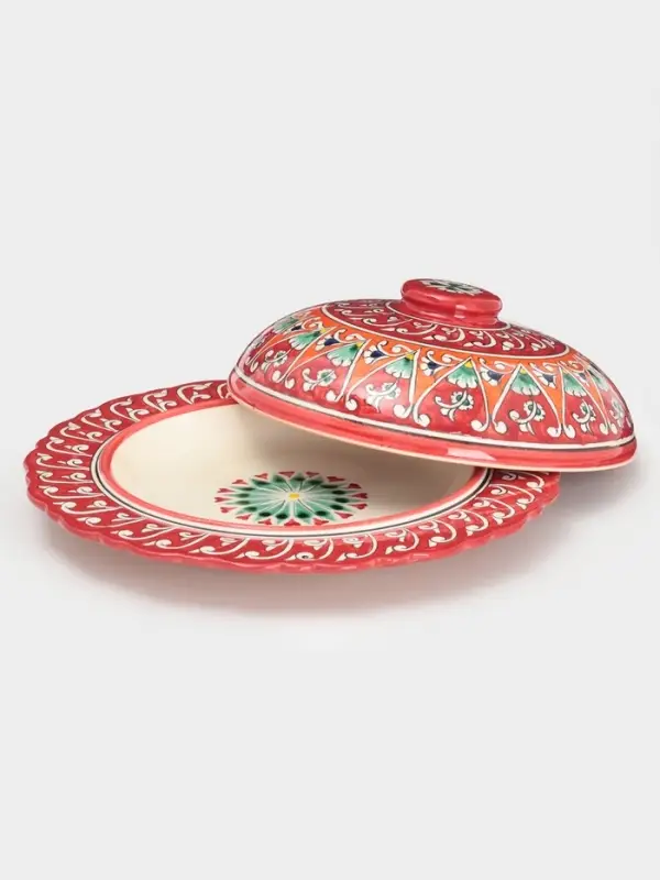 Блинница узбекская Риштанская Керамика &laquo;Цветы&raquo;, d=24 см, керамика, красная