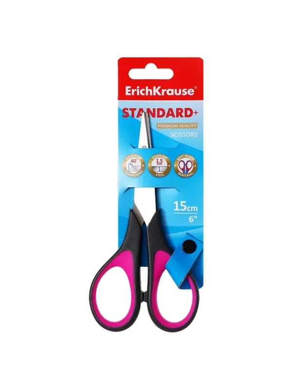 Ножницы ErichKrause Standard+, 15 см, антискользящие резиновые вставки, улучшенная заточка, блистер, МИКС