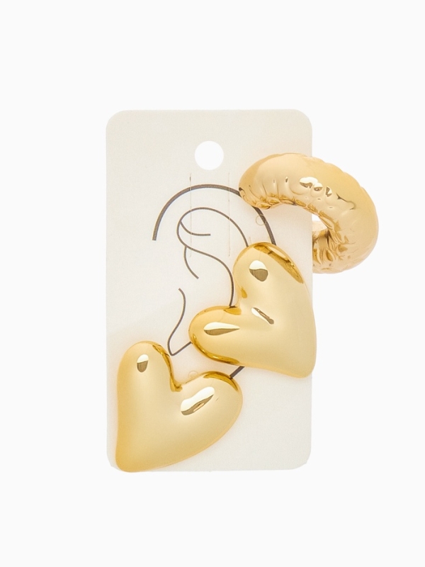 Набор серьги и каффы 3 шт. «Сердечко» бублик, цвет золото