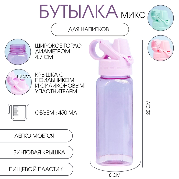 Бутылка для воды спортивная прозрачная, 450 мл, 20 х 8 см, микс Бутылка для воды спортивная прозрачная, 450 мл, 20 х 8 см, микс