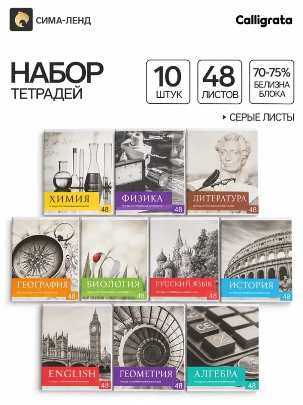 Тетради предметные 48 листов, Calligrata &laquo;Чёрное-белое&raquo;, 10 предметов, серые листы