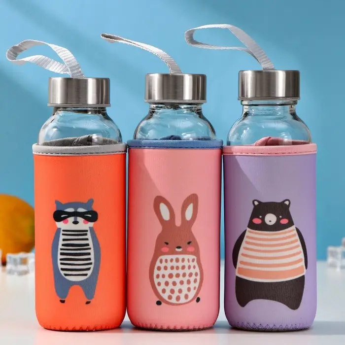 Бутылка для воды &laquo;Весёлые зверята&raquo;, 300 мл, h=17 см, в чехле, стекло, МИКС