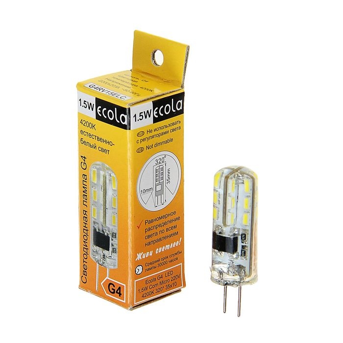 Лампа светодиодная Ecola Corn Micro, G4, 1.5 Вт, 4200 K, 320°, 35х10 мм Лампа светодиодная Ecola Corn Micro, G4, 1.5 Вт, 4200 K, 320°, 35х10 мм