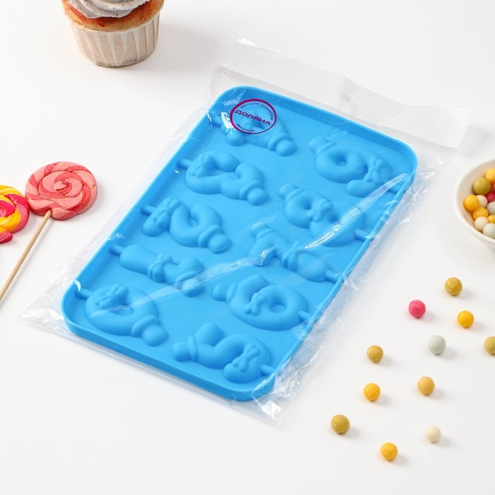 Форма для леденцов Доляна «Цифры-мальчики», силикон, 22×14×1 см, 10 ячеек (5,5×3,5 см), с палочками, цвет синий Форма для леденцов Доляна «Цифры-мальчики», силикон, 22×14×1 см, 10 ячеек (5,5×3,5 см), с палочками, цвет синий