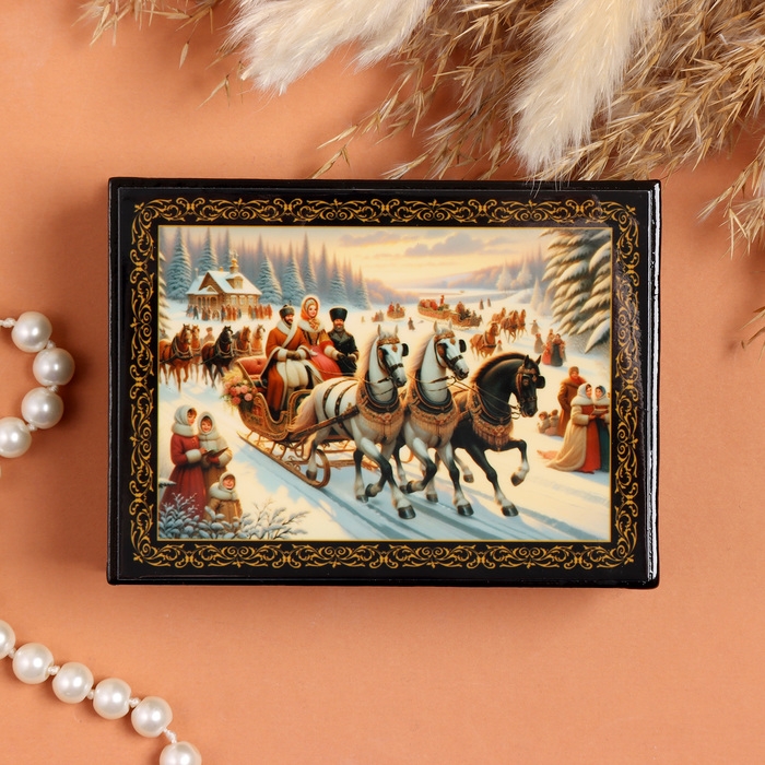 Шкатулка «Тройка зимняя», черная, 8х10,5 см, лаковая миниатюра