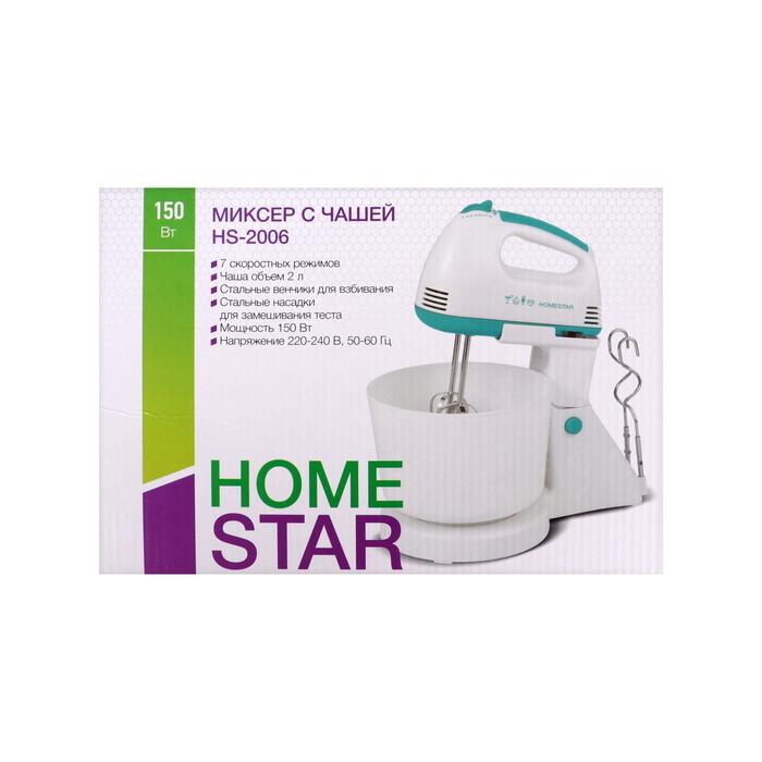 Миксер HOMESTAR HS-2006, стационарный, 150 Вт, 2 л, 7 скоростей, бело-бирюзовый Миксер HOMESTAR HS-2006, стационарный, 150 Вт, 2 л, 7 скоростей, бело-бирюзовый