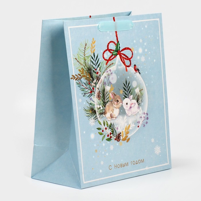 Пакет подарочный новогодний ламинированный &laquo;Два зайчика&raquo;, ML 23 х 27 х 11,5 см, Новый год