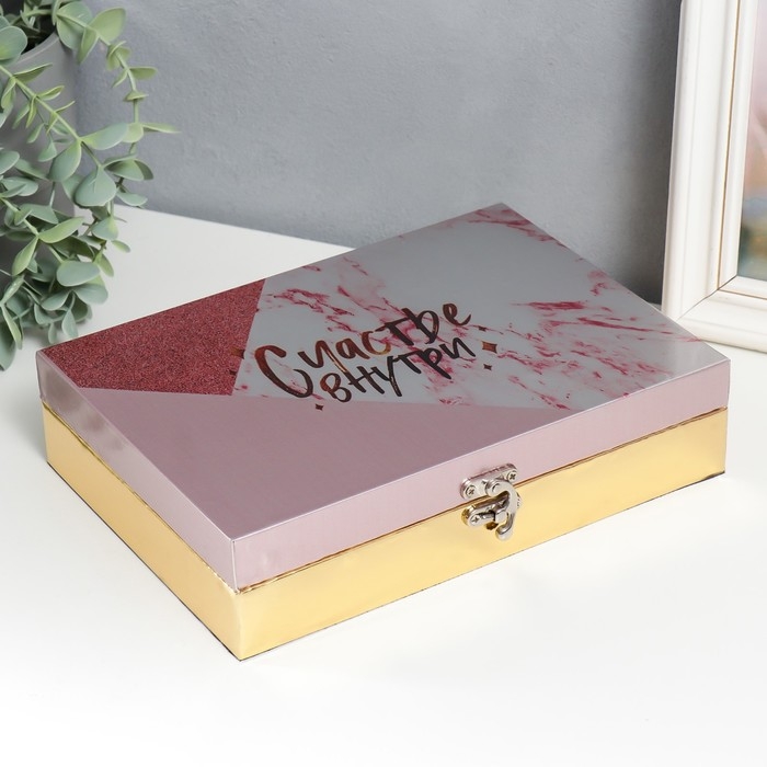 Шкатулка дерево  Шкатулка дерево "Счастье внутри. Розовый мрамор" кожзам глянец 5,5х24х17 см