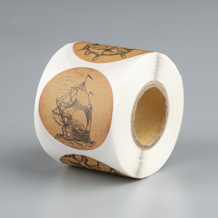 Наклейка бумага Наклейка бумага "Море. Корабль" крафт d=3,8 см 252 шт в рулоне