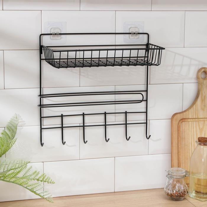 Полка с держателем для полотенец Доляна, 6 крючков, цвет чёрный Полка с держателем для полотенец Доляна, 6 крючков, цвет чёрный